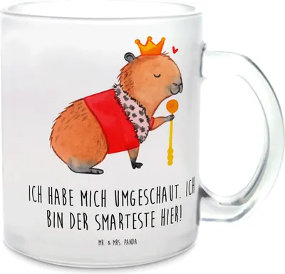 Produktbild von Mr. & Mrs. Panda Tee Tasse Capybara König - Transparent - Geschenk, Teetasse aus Glas, Pott, Haferl, Henkelbecher, Lustige Sprüche
