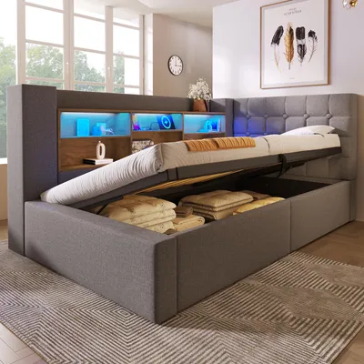 Produktbild von okwish L-förmiges Schlafsofa 90x200 Einzelbett mit LED-Beleuchtung und offenen Staufächern an der Rückwand,Jugendbett Daybett mit Bettkasten,Grau (Ohne Matratze)