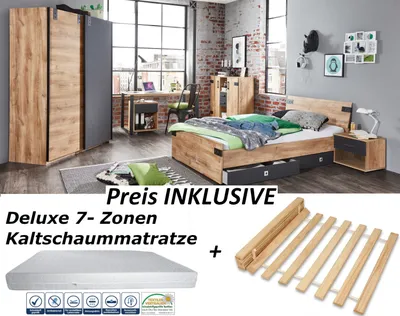 Produktbild von Jugendzimmer Liverpool von Wimex 9 teiliges Komplett Set in Plankeneiche und Graphit mit Matratze und Lattenrost - Jugendzimmer Kinderzimmer Möbel Teenager