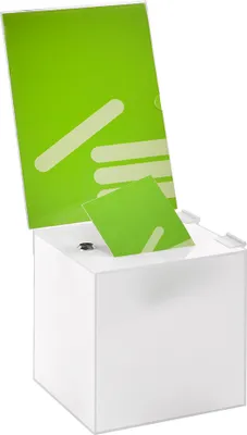 Produktbild von Losbox in 200x200x200mm mit Schloß und Topschild DIN A4 Hoch, aus opalem / blickdichtem Acrylglas - Zeigis® / Spendenbox / Aktionsbox / Gewinnspielbox / Opal / abschließbar