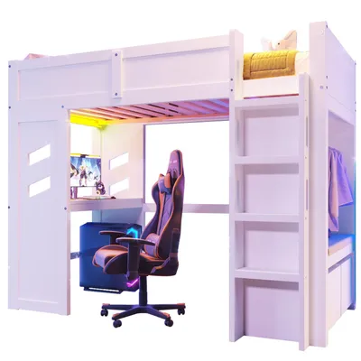 Produktbild von Hochbett,Gaming Bett mit Schreibtisch,Mit LED-Leuchten,1 USB-Anschlüssen, 1 Typ-C ausgestattet, Leiter, Schreibtisch, Schublade, Wäscheständer
