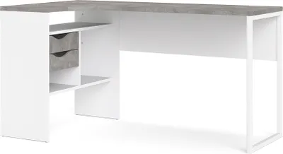Produktbild von Plus Schreibtisch Eckschreibtisch mit 3 Regalen und 2 Schubladen, weiß / Beton Nachbildung.