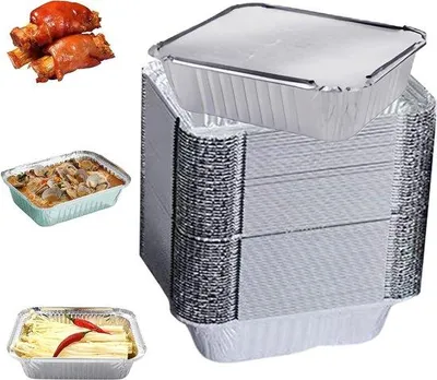 Obrázek produktu pro Hliníkové krabičky s víkem – 60 kusů – 650 ml – na jedno použití – pro přepravu potravin – mražení, grilování, pečení