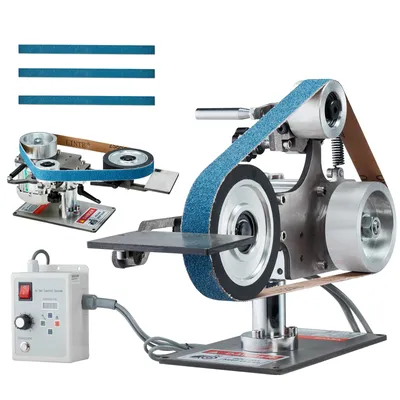 A VEVOR bandschleifmaschine with accessories, including three blue sanding belts and a separate control unit, is displayed against a white background.
