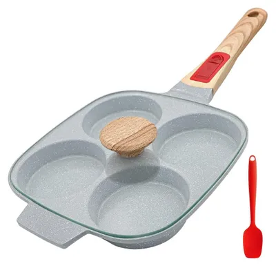 Keramische Eierpfanne 4 Mulden mit Deckel, antihaft, abnehmbarer Griff, blau