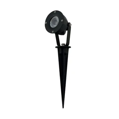 A black garden spotlight with a spike for ground insertion, shown against a white background.
