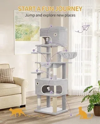 Image de Arbre à chat haut avec 7 poteaux en sisal et 2 cachettes - 178 cm - Gris clair