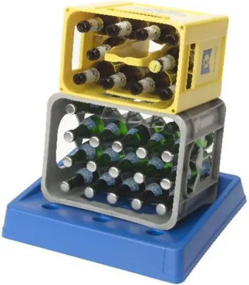 A stack of two bottle crates filled with bottles, placed on a blue tray.