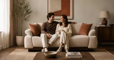 Immagine prodotto di Divano beige, cuscini nuovi, design moderno, minimalista, ideale per un soggiorno accogliente