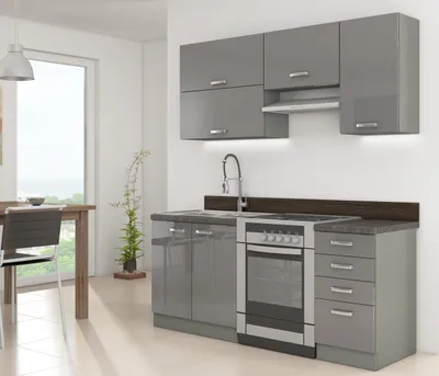 Obrázek produktu pro Kuchyně do paneláku 180/180 cm RONG 2 - šedá / lesklá šedá + LED a příborník