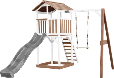 Produktbild von AXI Beach Tower Spielturm aus Holz in Braun & Weiß | Spielhaus für Kinder mit grauer Rutsche, Schaukel und Sandkasten | Stelzenhaus für den Garten