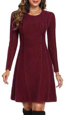 Productafbeelding van Aottori Pulloverjurk dames, lange mouwen, gebreide jurk, ronde hals, bordeauxrood, maat S