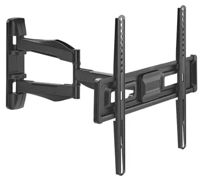 A black, articulated TV wall mount is shown against a white background.