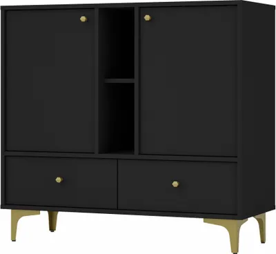 Produktbild von Kommode TOKYO 100 cm zweitürige Kommode mit zwei Schubladen und Einlegeböden, Sideboard für Wohnzimmer & Schlafzimmer, (Farbe: Schwarz)