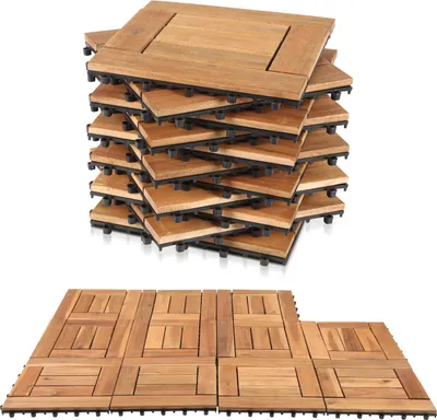 Zdjęcie produktu dla Zestaw płytek drewnianych Bettizia 99x, 1 m², idealny jako płytki tarasowe i balkonowe z drewna akacjowego, 30x30 cm, do ogrodu, tarasu i balkonu