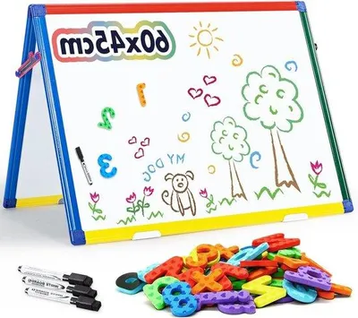 Produktbild von Famanu Magnetboard für Kinder - Doppelseitiges, trocken abwischbares Whiteboard - Mit Magneten, Buchstaben, Zahlen und Stift - 60 x 45 cm