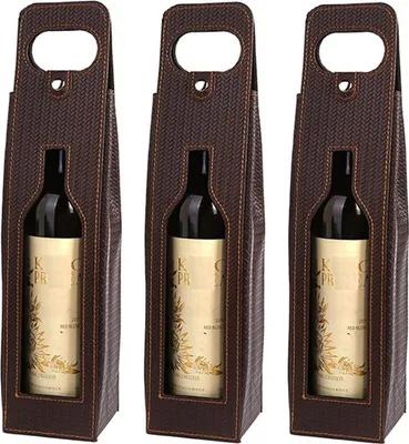 Produktbild von 3er Set Geschenktasche aus Kunstleder mit r Optik in Braun | Weintasche mit Ausschnitt für Einzelflasche | wiederverwendbare Geschenktüte | Weinbeutel | Tragbare Flaschentasche, Flaschentüte