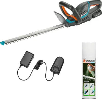 A set of Gardena hedge trimmer accessories including the trimmer itself, two chargers, and a maintenance spray.