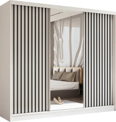 Produktbild von Masseno Schiebetürenschrank LAMELLO 240 cm Kleiderschrank Schlafzimmer Schrank 3-türig mit Spiegel und Lamellen Weiß