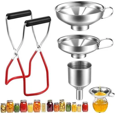 Obrázek produktu pro Sada 4 kovových nálevek – včetně sponek na plechovky – do kuchyně – pro přelévání tekutých potravin – nerezová ocel
