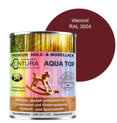 Produktbild von Contura 750ml. Möbellack Lack für Kinderspielzeug Buntlack DIN EN71/3 Buntlack Holzlack - RAL 3004 Weinrot
