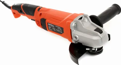 An orange and black angle grinder is shown against a white background.