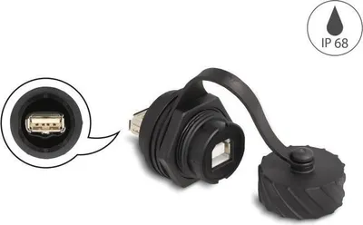 Produktbild von DeLOCK Kabelverbinder USB 2.0 Typ-B Buchse zu USB 2.0 Typ-A Buchse zum Einbau mit Bajonett-Verschlusskappe IP68 staub- und wasserdicht schwarz, USB 2.0 Type-B, USB 2.0 Type-A, Schwarz