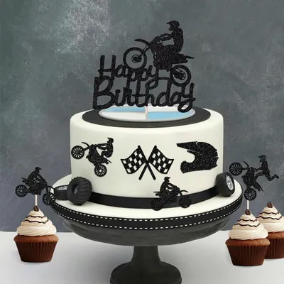 Immagine prodotto di Set per decorare torte a tema motocicletta, ideale per compleanni di ragazzi e uomini, colore nero, 11 pezzi