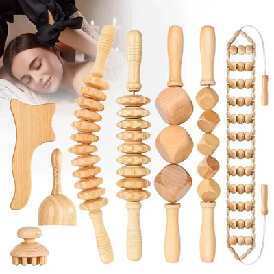 Produktbild von 8 in 1 Holz-Therapie-Massagegerät Maderotherapie Set Massageroller Faszienrolle
