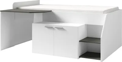 Image de Lit Combiné ZOLA avec Bureau - Coloris Blanc Satin et Gris - 204 x 90 x 135 cm