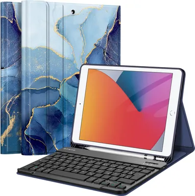 Produktbild von Fintie Tastatur Hülle für iPad 10.2 Zoll (9/8/ 7 Generation - 2021/2020/2019), Schutzhülle mit TPU Rückschale, Pencil Halter und magnetisch Abnehmbarer Tastatur mit QWERTZ Layout,Ozean Marmor