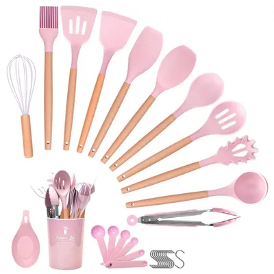 Image de Ensemble d'ustensiles de cuisine, 29 pièces, rose, en silicone avec manche en bois, résistant à la chaleur, avec support