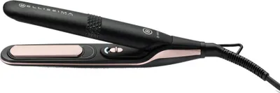 A black and rose gold hair straightener is shown against a white background.