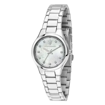 A silver Maserati watch with a white mother-of-pearl dial and diamond markers, presented on a white background.