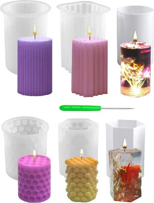 Produktbild von Silikon Kerzen Gießformen Set 6er, DIY 3D Kerzenform mit Docht & Werkzeug, runde & sechseckige Kerzen, ideal für handgemachte Kerzen & Geschenkideen