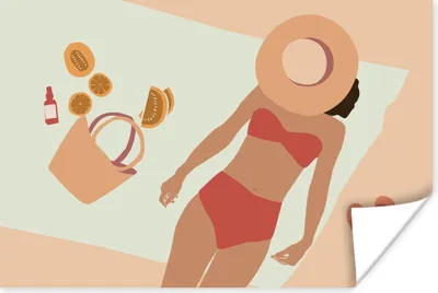 Produktbild von MuchoWow® Poster Frau - Hut - Pantoffeln - Strandtuch 120x80 cm - Bilder