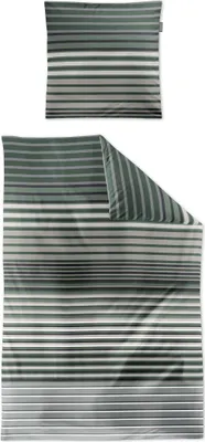 A flat lay of a duvet cover and pillowcase set with a striped pattern.