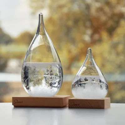 Two glass storm glass weather predictors on wooden stands.