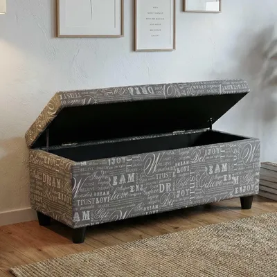 Obrázok produktu pre Úložná truhlica Kriens, lavica, látka/textil, 45x114x45cm Certifikát  ~ nápis, sivá