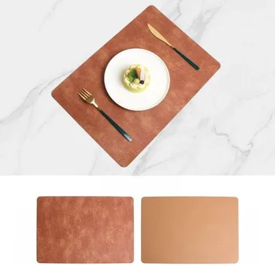 Image de Set de table en cuir, lot de 6, marron foncé et marron clair, résistant à la chaleur, antidérapant, facile à nettoyer, 43 x 30 cm