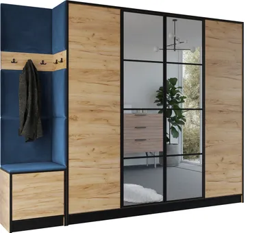 Produktbild von KIER FURNITURE Kleiderschrank EDEN, Schlafzimmer Schrank, Garderobeschrank, Flurschrank Craft Eiche & Blau 259,6x205x39 cm