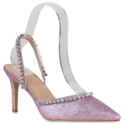 Produktbild von VAN HILL Damen Pumps Slingpumps Stiletto Party Strass Glitzer Schuhe 839461, Farbe: Lila, Größe: 39
