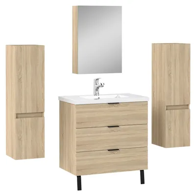Image de Acezanble Ensemble Meuble salle de Bain Chêne Suspendu avec Vasque, 79cm, 3 Tiroirs + miroir de rangement + 2 colonnes 110cm