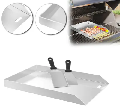 Image de Plaque de cuisson et plaque de gril en acier inoxydable YARDIN, plateau de gril/poêle, dimensions 30 x 45 x 4 cm, épaisseur 4 mm, pour barbecue à gaz en extérieur, avec système de récupération des graisses, incluant 2 spatules de gril