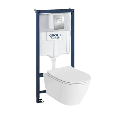 Produktbild von LAVITA Wand Hänge WC Praia Weiß Spülrandlos + WC-Sitz SoftClose | Matt Verchromter Knopf | Komplettset | Unterputz Spülkasten | Toilette Komplett Sett |