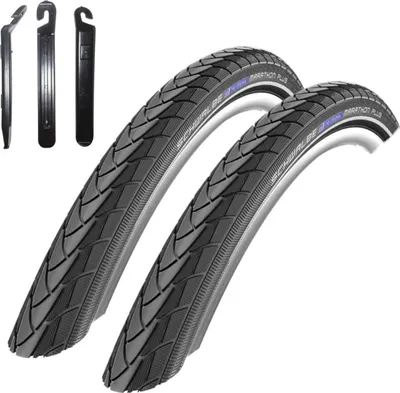 Image de 2 x Schwalbe Marathon Plus pneus vélo enveloppe noire avec Reflex 47-559 (26 x 1.75) y compris 3 démonte-pneus