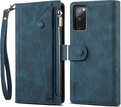 Produktbild von Schutzhülle für Samsung Galaxy S20 FE / S20 FE 5G / S20 FE 2022 Reißverschluss Hülle, Leder Klapphülle Kartenfach Standfunktion Brieftasche mit Trageband Blau