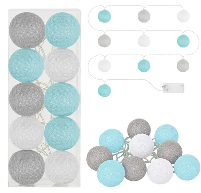 Produktbild von LED Lichterkette Baumwolle Ball Dekolichter Girlande 10 Kugeln Warmweiß Weiß Grau Blau Batteriebetrieben 210 cm
