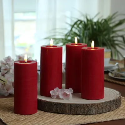 Produktbild von LED Kerzenset LINA - Rustik-Optik - Echtwachs - H: 15cm - D: 7cm - Timer - rot - 4er Set