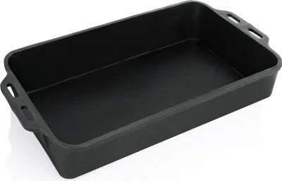 A black cast iron roasting pan with handles is shown from a slightly elevated side angle against a white background.